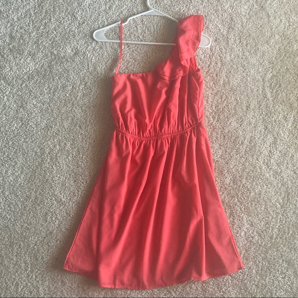 Asymmetric Coral Dress with Shoulder Ruffle